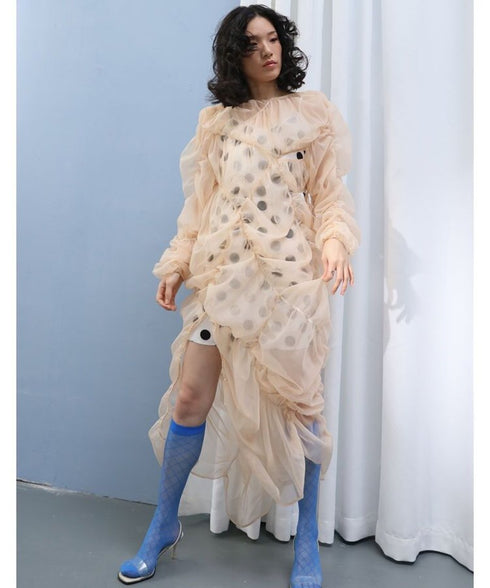 Poplin Shirring See-through Dress